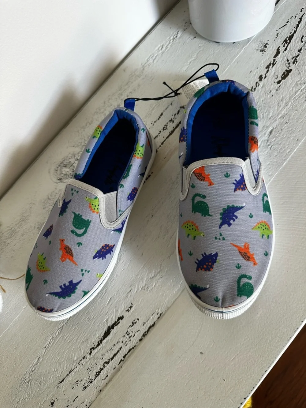 🎯 Kids Slip-On Sneakers with Colorful Dinosaur Print - Gray/Blue NWT